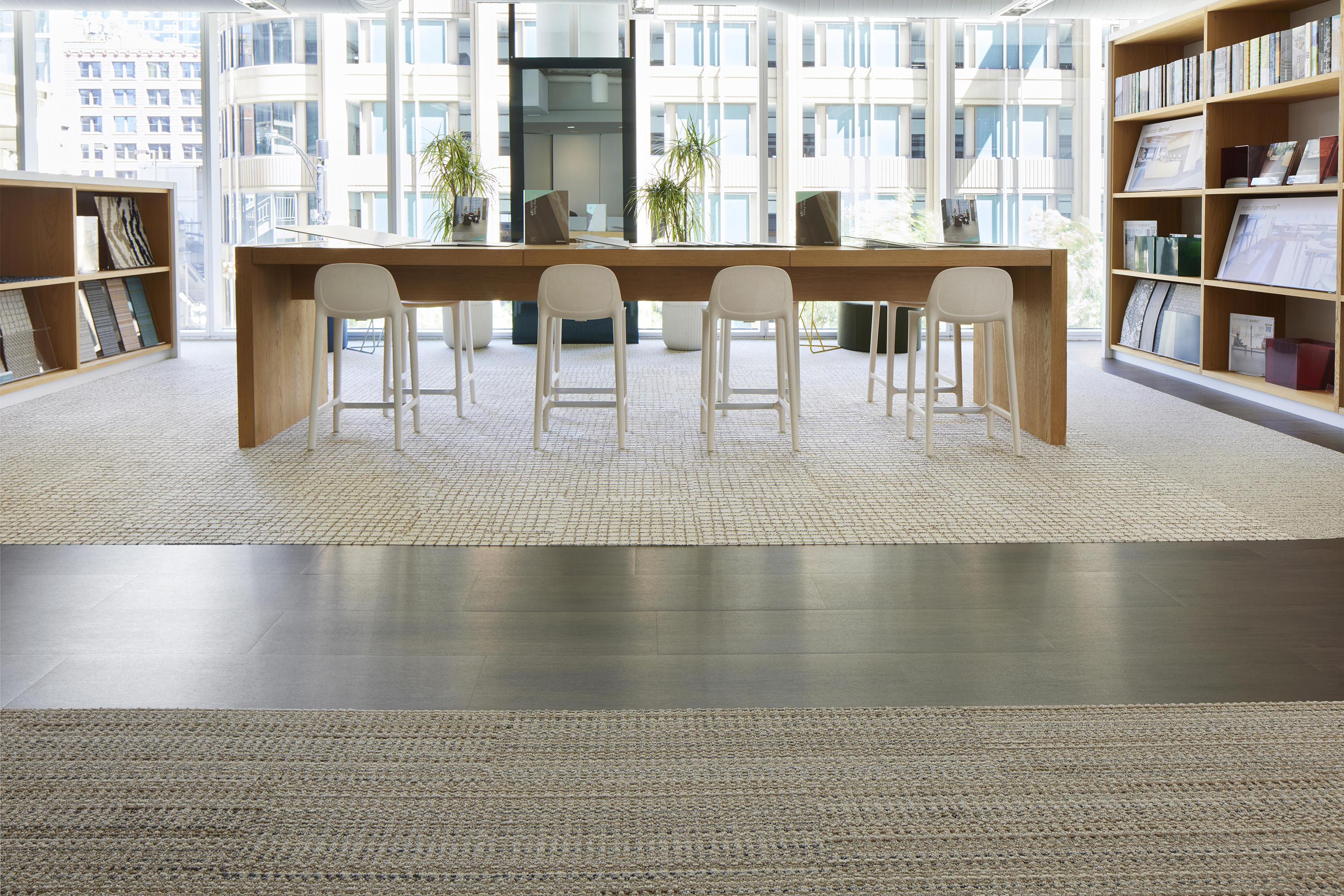 Interface On Grain plank LVT with E616 plank carpet tile and FLOR's Squared Away carpet tile in corporate workspace